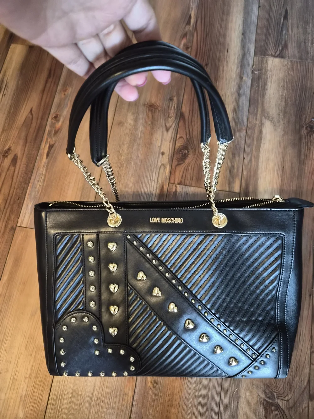 Love Moschino Black Studded Shoulder Tote with Chain Straps